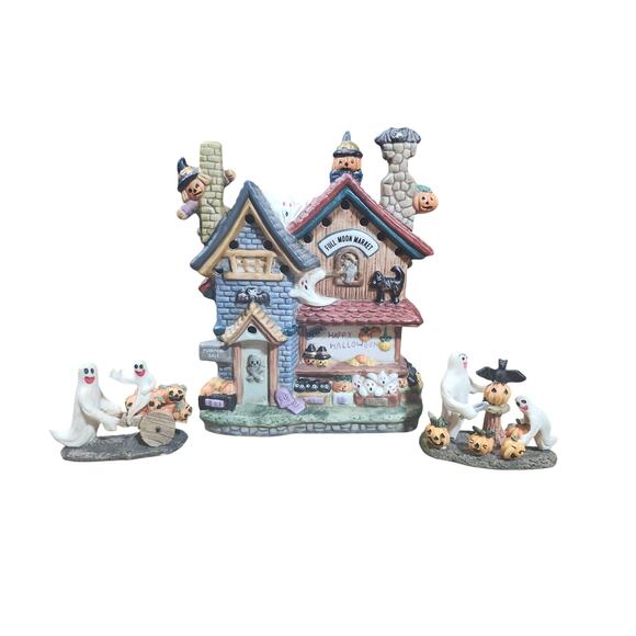 Hand Painted Lighted Ghoulville House Halloween Village Porcelain Figurines - Picture 1 of 10